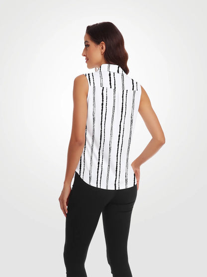 Vertical Stripe Button-Down Sleeveless Polo Shirts For Women