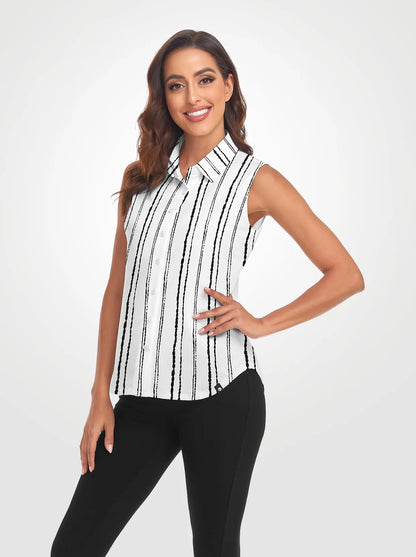 Vertical Stripe Button-Down Sleeveless Polo Shirts For Women