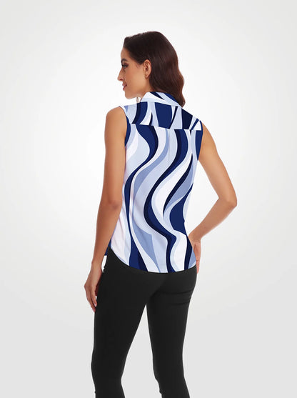 Blue Water Ripples Button-Down Sleeveless Polo Shirts For Women