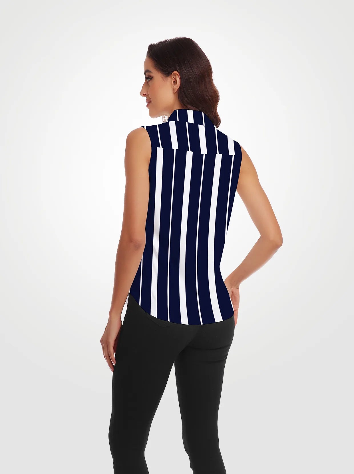 Black Stripe Button-Down Sleeveless Polo Shirts For Women