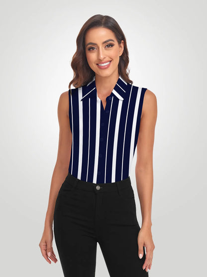 Black Stripe Button-Down Sleeveless Polo Shirts For Women 