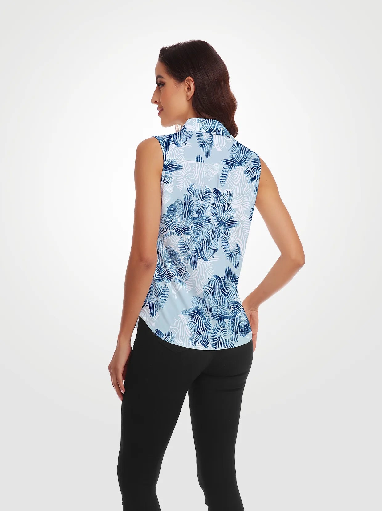 Blue Leaves Button-Down Sleeveless Polo Shirts For Women