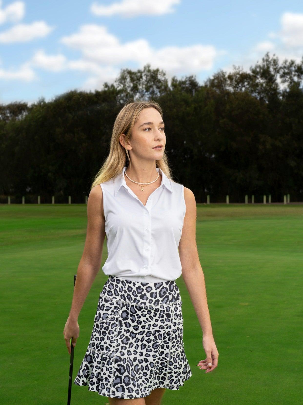 White Button-Down Sleeveless Golf Shirt For Women