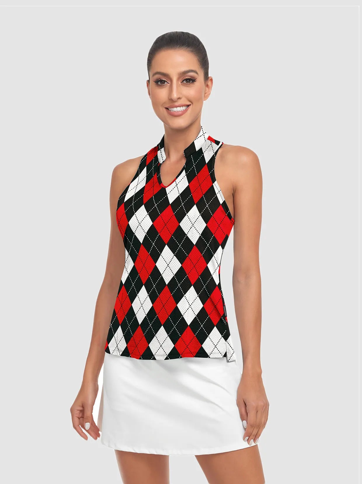 Red and Black Checkerboard V-neck Racerback Top for women