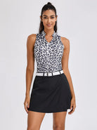 Black and Gray Leopard Print V-neck Racerback Sleeveless Golf Shirt