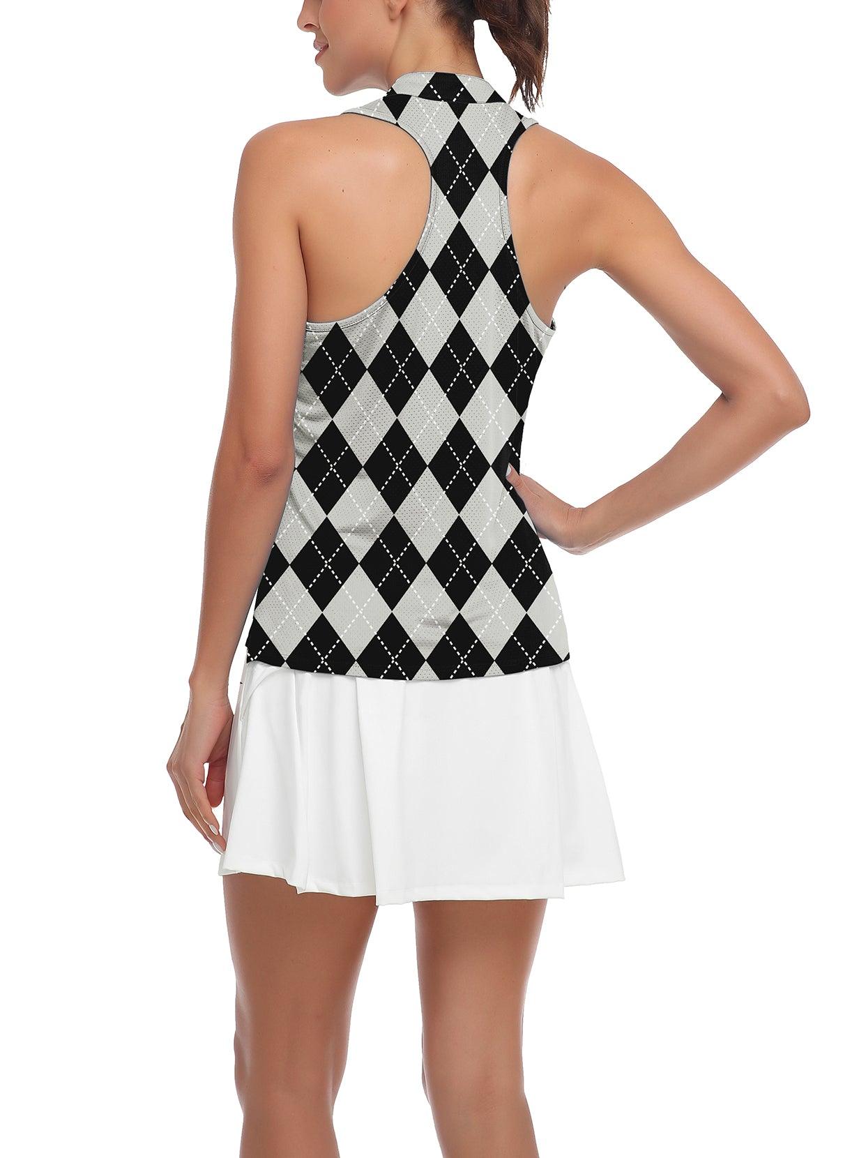 Ladies Sleeveless Golf Polo- 🏌🏿‍♀️SO® Black and Grey Checkerboard V-neck Sleeveless Shirts Moisture Wicking Tennis Shirts Dry Fit