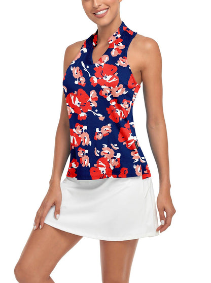 Ladies Sleeveless Golf Polo- 🏌🏿‍♀️SO® Red Flowers on Blue Background V-neck Sleeveless Shirts Moisture Wicking Tennis Shirts Dry Fit