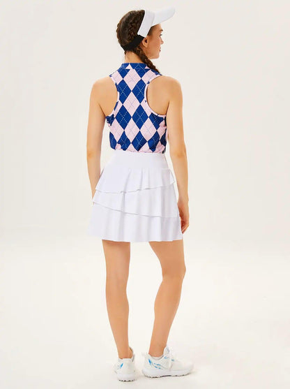 Pink and Blue Checkerboard V-neck Racerback Tops