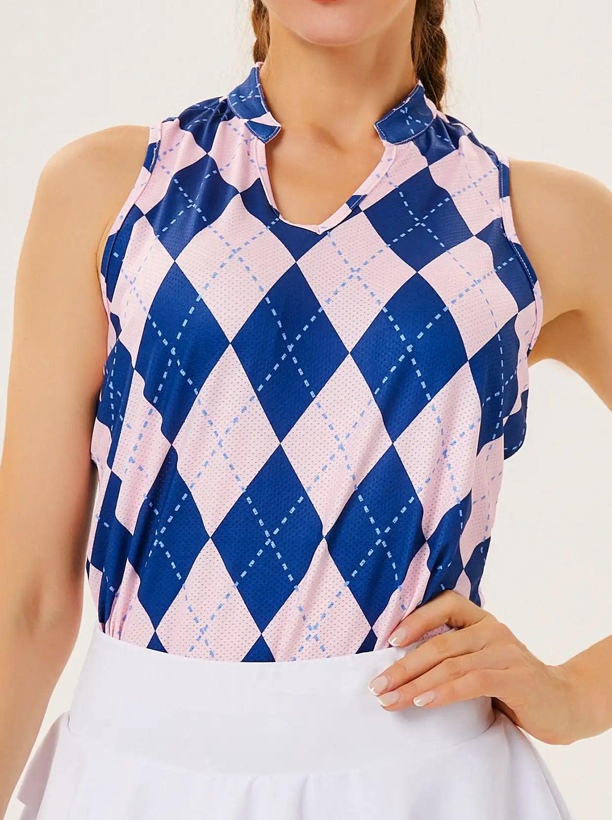 Pink and Blue Checkerboard V-neck Racerback Tops