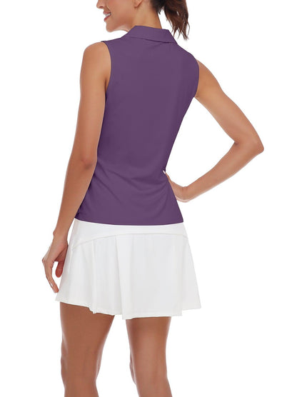 Ladies Sleeveless Golf Polo- Dark Purple V-neck Sleeveless Shirts Moisture Wicking Tennis Shirts Dry Fit