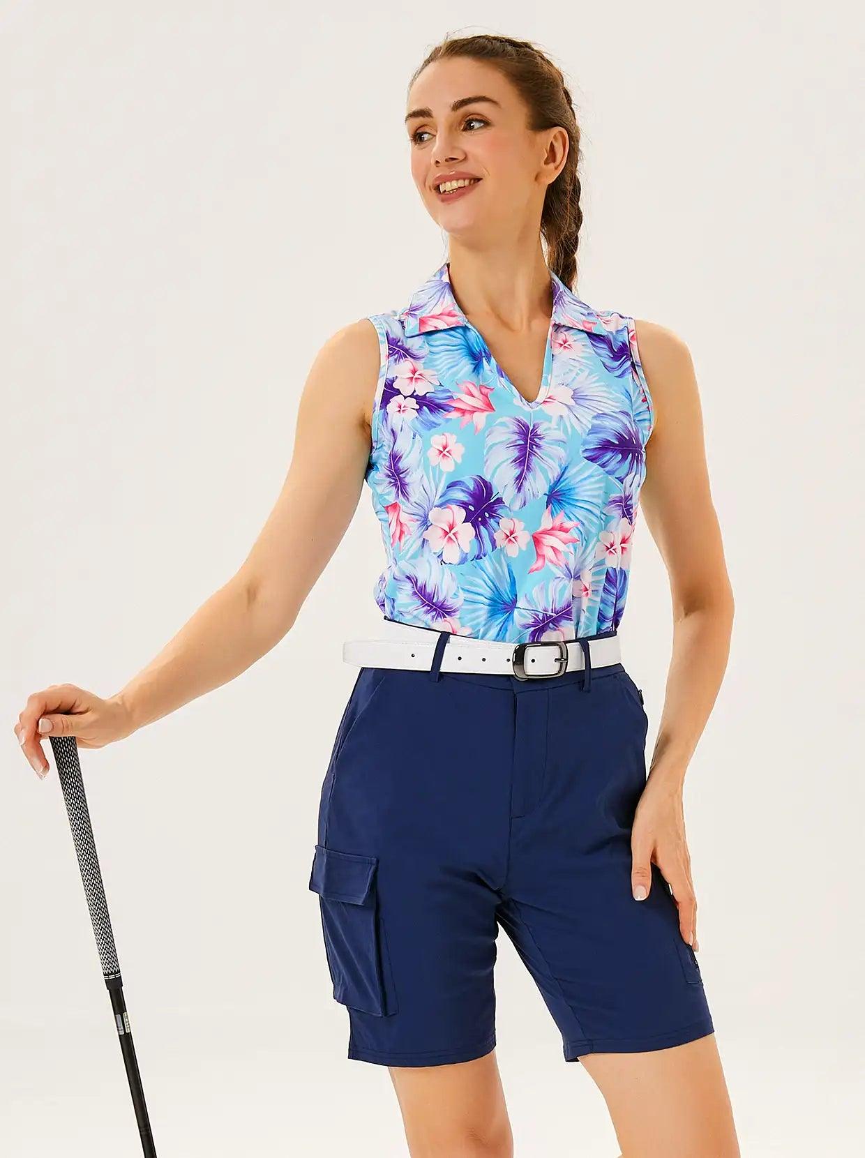 Ladies Sleeveless Golf Polo- Blue Leaf and Pink Flower V-neck Sleeveless Shirts Moisture Wicking Tennis Shirts Dry Fit