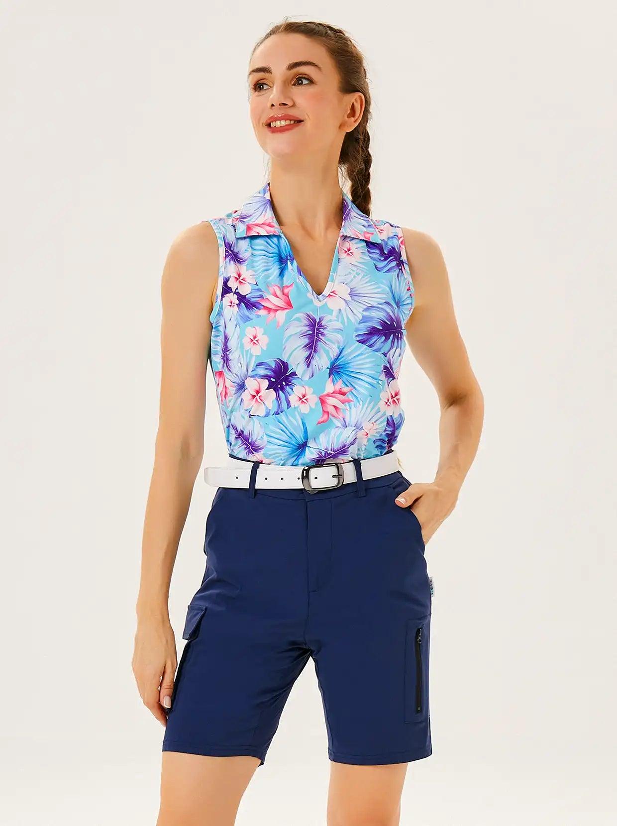 Tropical Floral V-neck Sleeveless Golf Shirt For Women