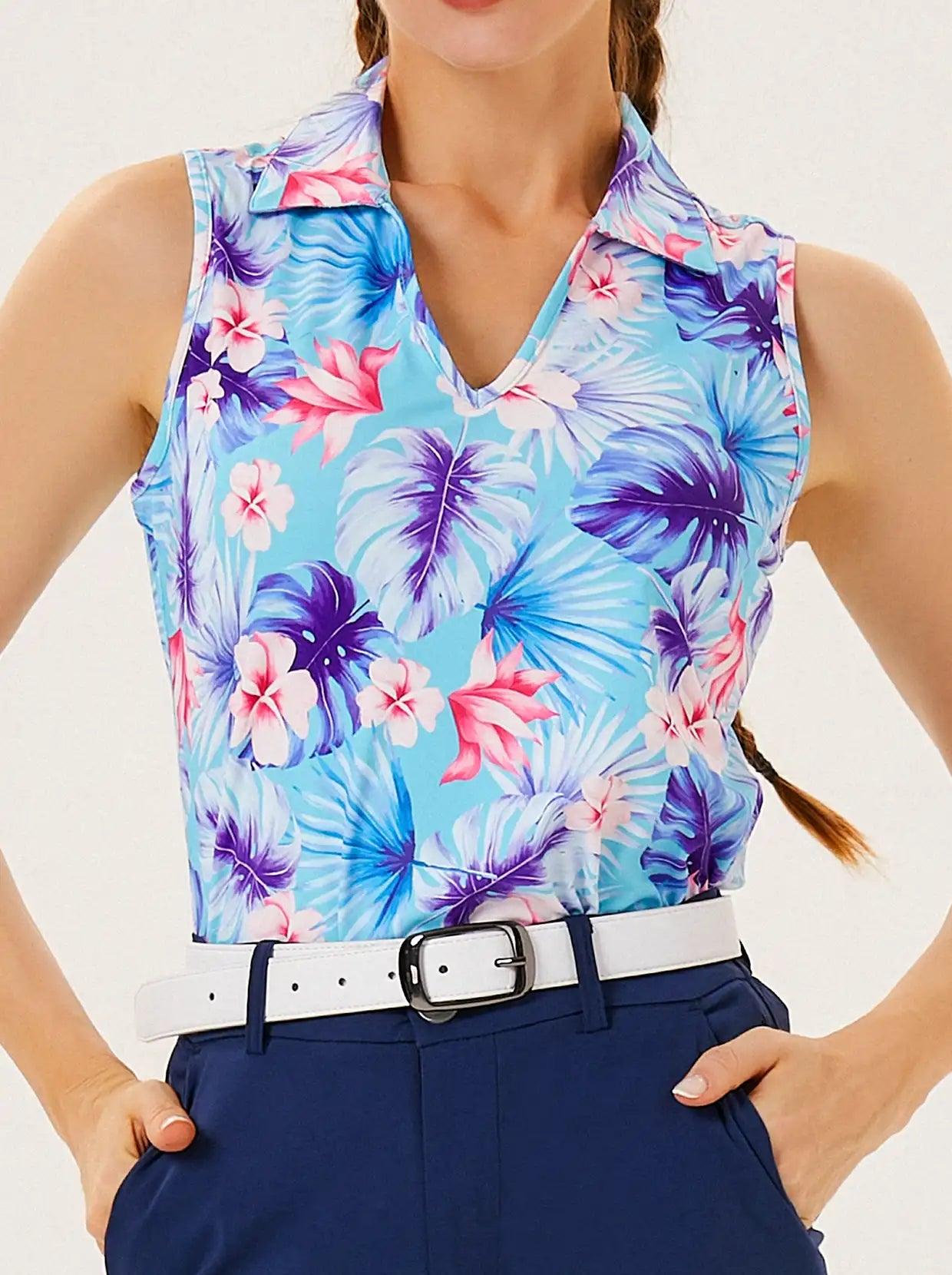 Ladies Sleeveless Golf Polo- Blue Leaf and Pink Flower V-neck Sleeveless Shirts Moisture Wicking Tennis Shirts Dry Fit