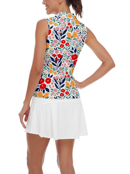 Ladies Sleeveless Golf Polo- Colorful Floral V-neck Sleeveless Shirts Moisture Wicking Tennis Shirts Dry Fit