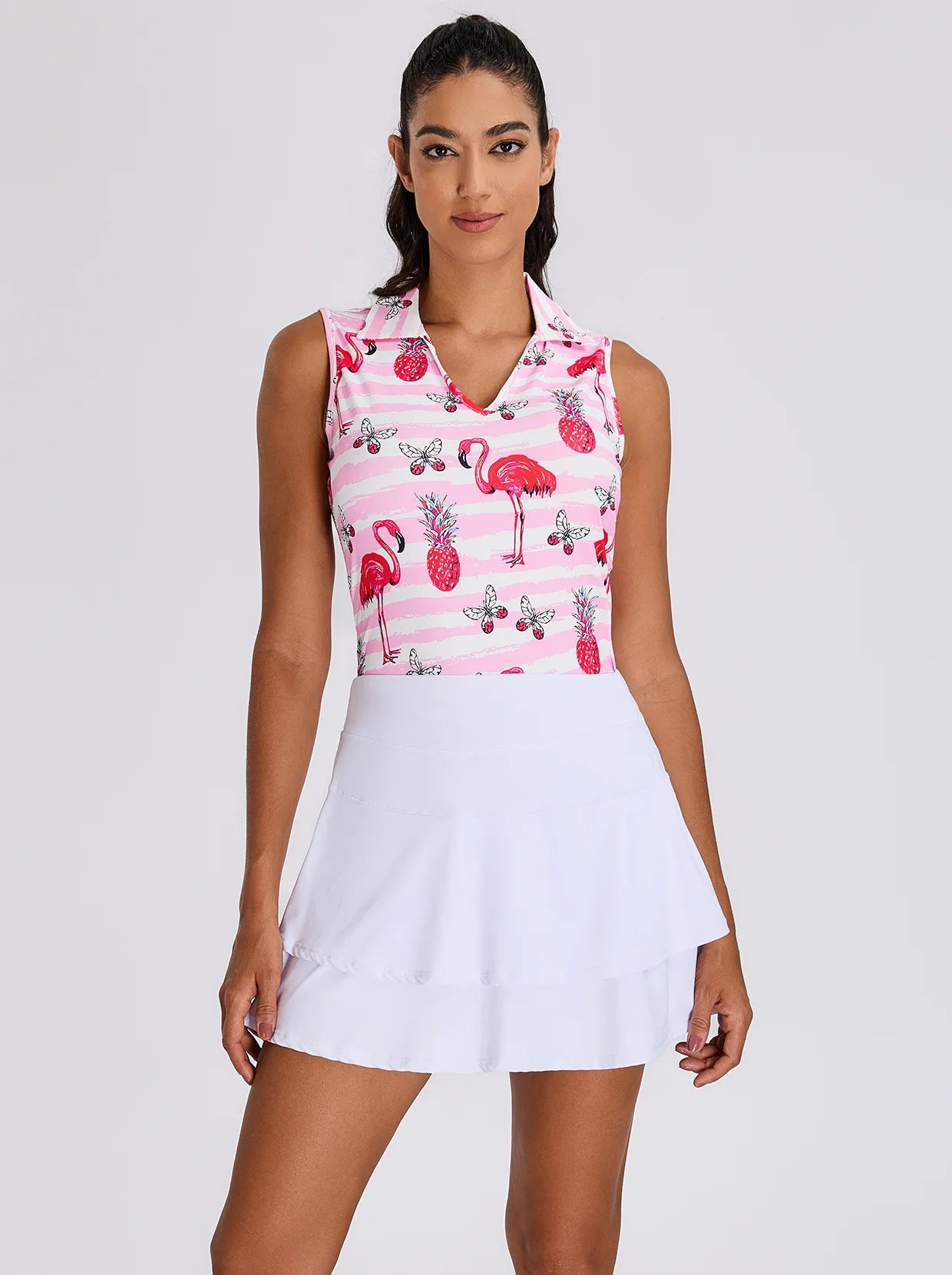 Pink Flamingo V-neck Sleeveless Polo Shirt For Women