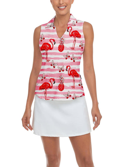 Ladies Sleeveless Golf Polo- 🏌🏿‍♀️SO® Pink Flamingo V-neck Sleeveless Shirts Moisture Wicking Tennis Shirts Dry Fit