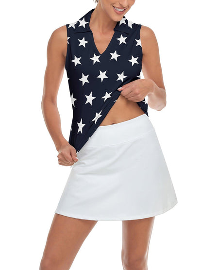 White Stars on Dark Blue Background V-neck Sleeveless Shirts For Women