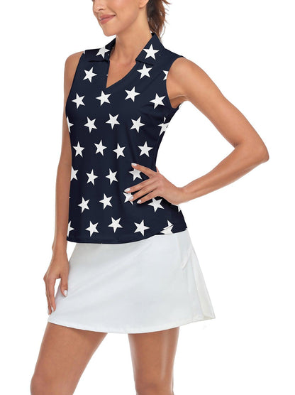 White Stars on Dark Blue Background V-neck Sleeveless Shirts For Women