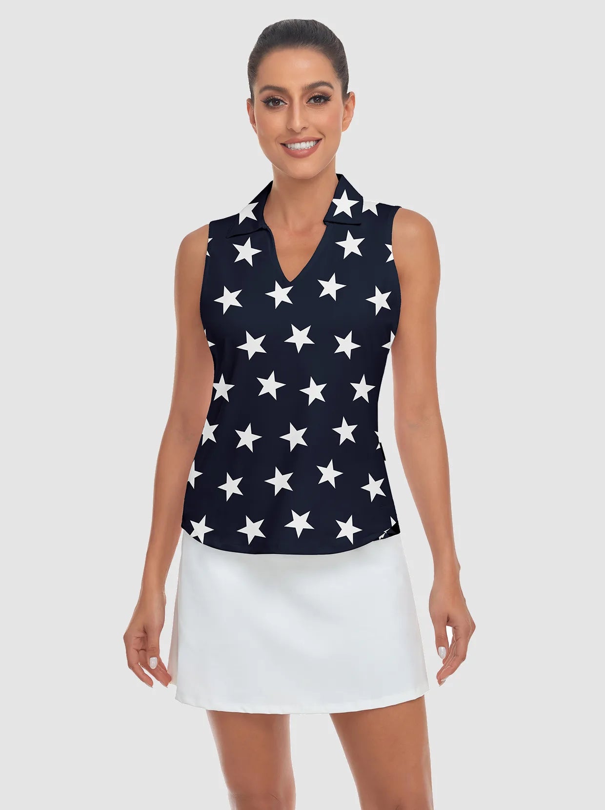 White Stars on Dark Blue Background V-neck Sleeveless Polo Shirt