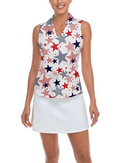 Star Print Sleeveless V-Neck Golf Top - Suitable for Girl's Party