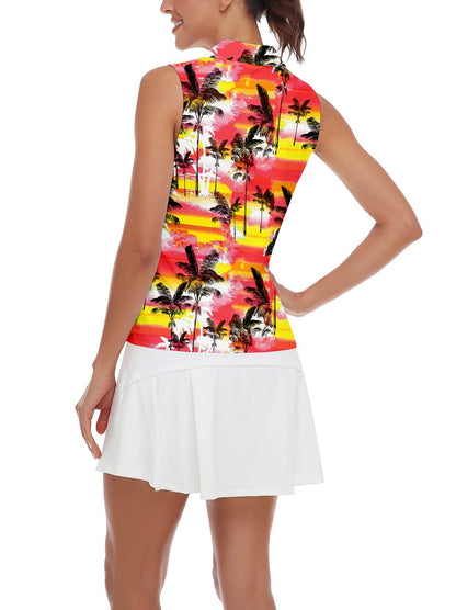 Ladies Sleeveless Golf Polo- 🏌🏿‍♀️SO® Red and Yellow Coconut Tree V-neck Sleeveless Shirts Moisture Wicking Tennis Shirts Dry Fit