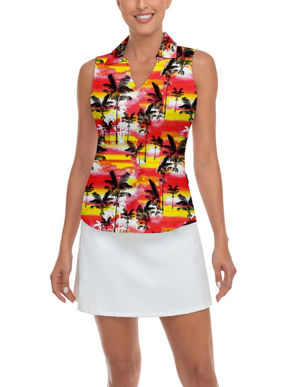 Ladies Sleeveless Golf Polo- 🏌🏿‍♀️SO® Red and Yellow Coconut Tree V-neck Sleeveless Shirts Moisture Wicking Tennis Shirts Dry Fit