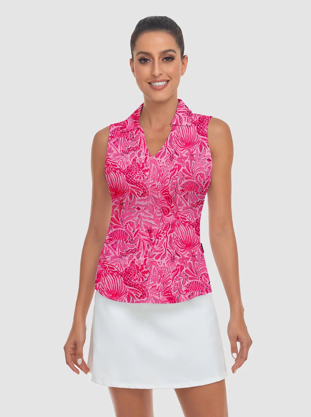 Ladies Pink Printing V-neck Sleeveless Polo Shirt