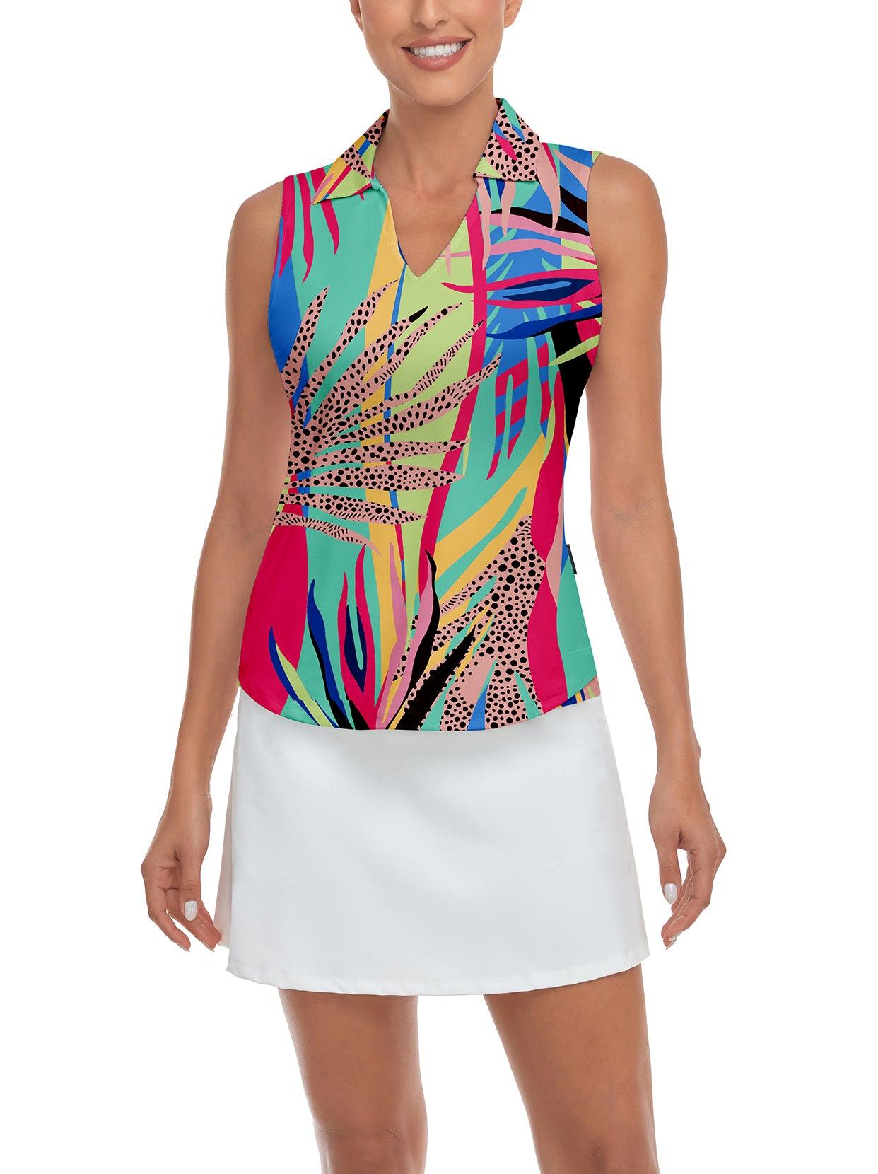 Ladies Sleeveless Golf Polo- Tropical Botanical Print V-neck Sleeveless Shirts Moisture Wicking Tennis Shirts Dry Fit