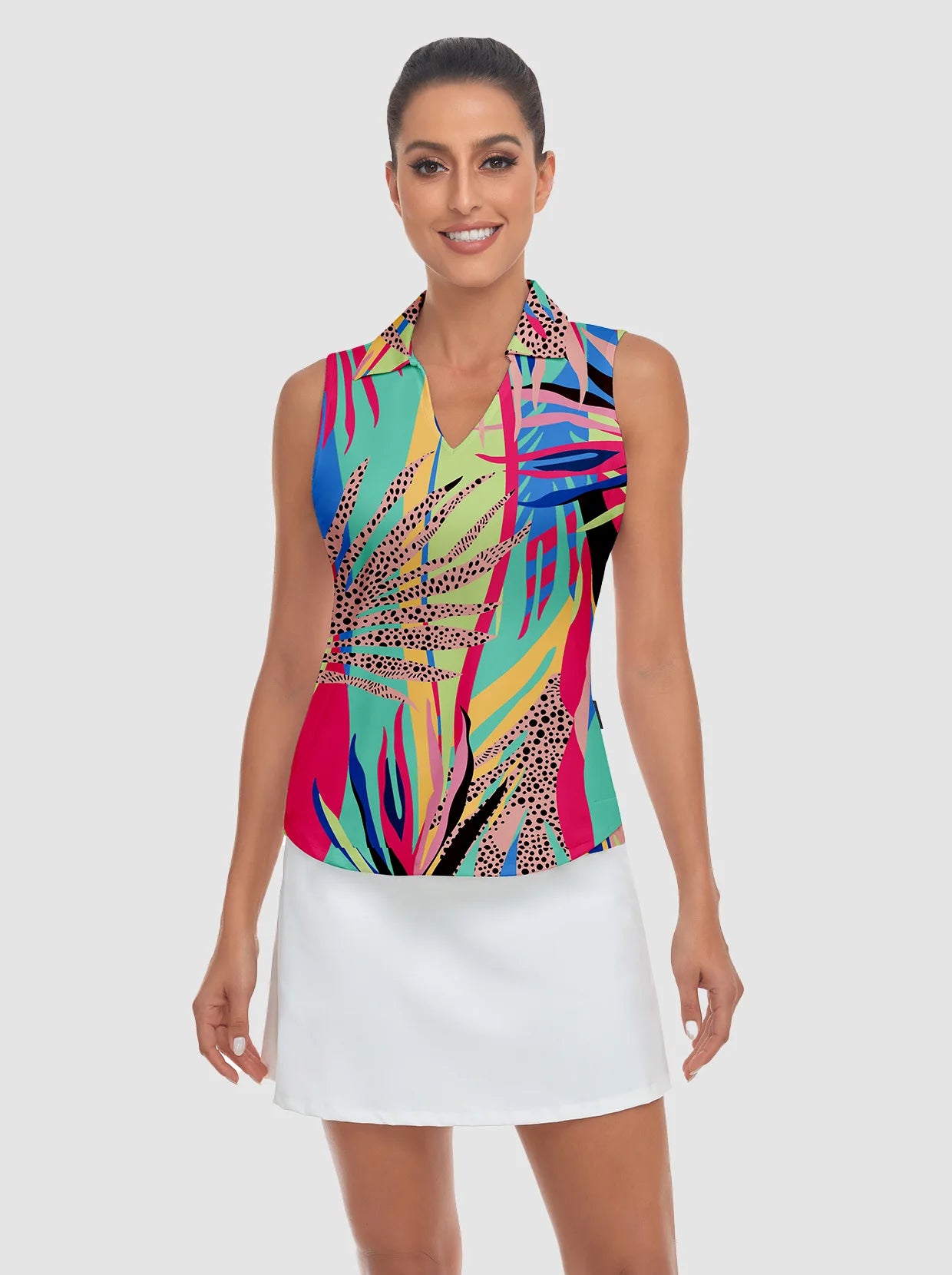 Botanical Print V-neck Sleeveless Polo Shirt For Women