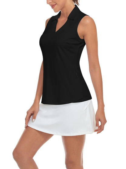 Ladies Sleeveless Golf Polo- 🏌🏿‍♀️SO® Solid Black V-neck Sleeveless Shirts Moisture Wicking Tennis Shirts Dry Fit