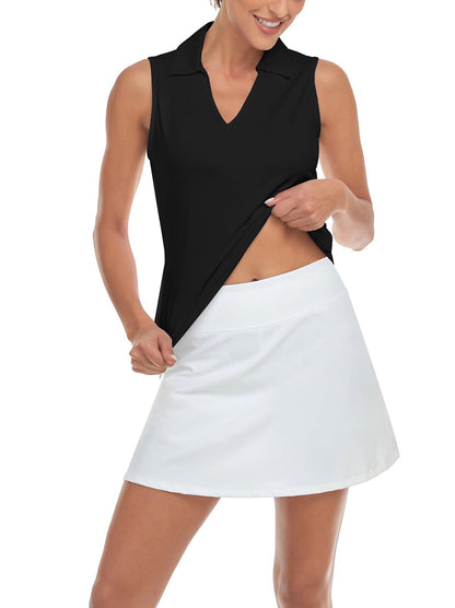 Ladies Sleeveless Golf Polo- 🏌🏿‍♀️SO® Solid Black V-neck Sleeveless Shirts Moisture Wicking Tennis Shirts Dry Fit