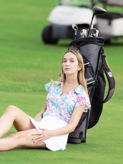 Spring Floral Quarter-zip Flutter Sleeve Golf Polo For Women