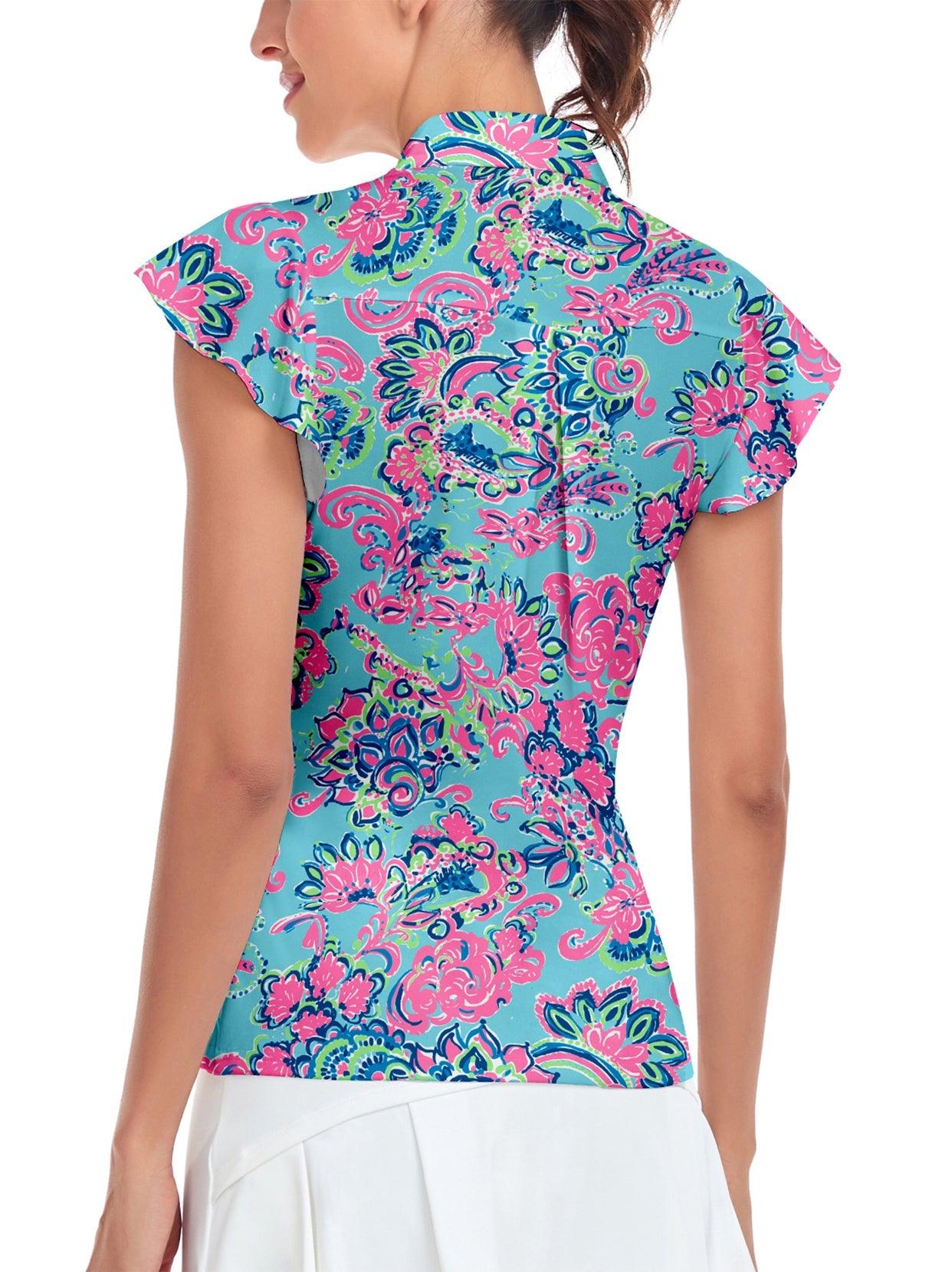 Blue and Pink Vintage Petal Sleeve Golf Shirt For Women