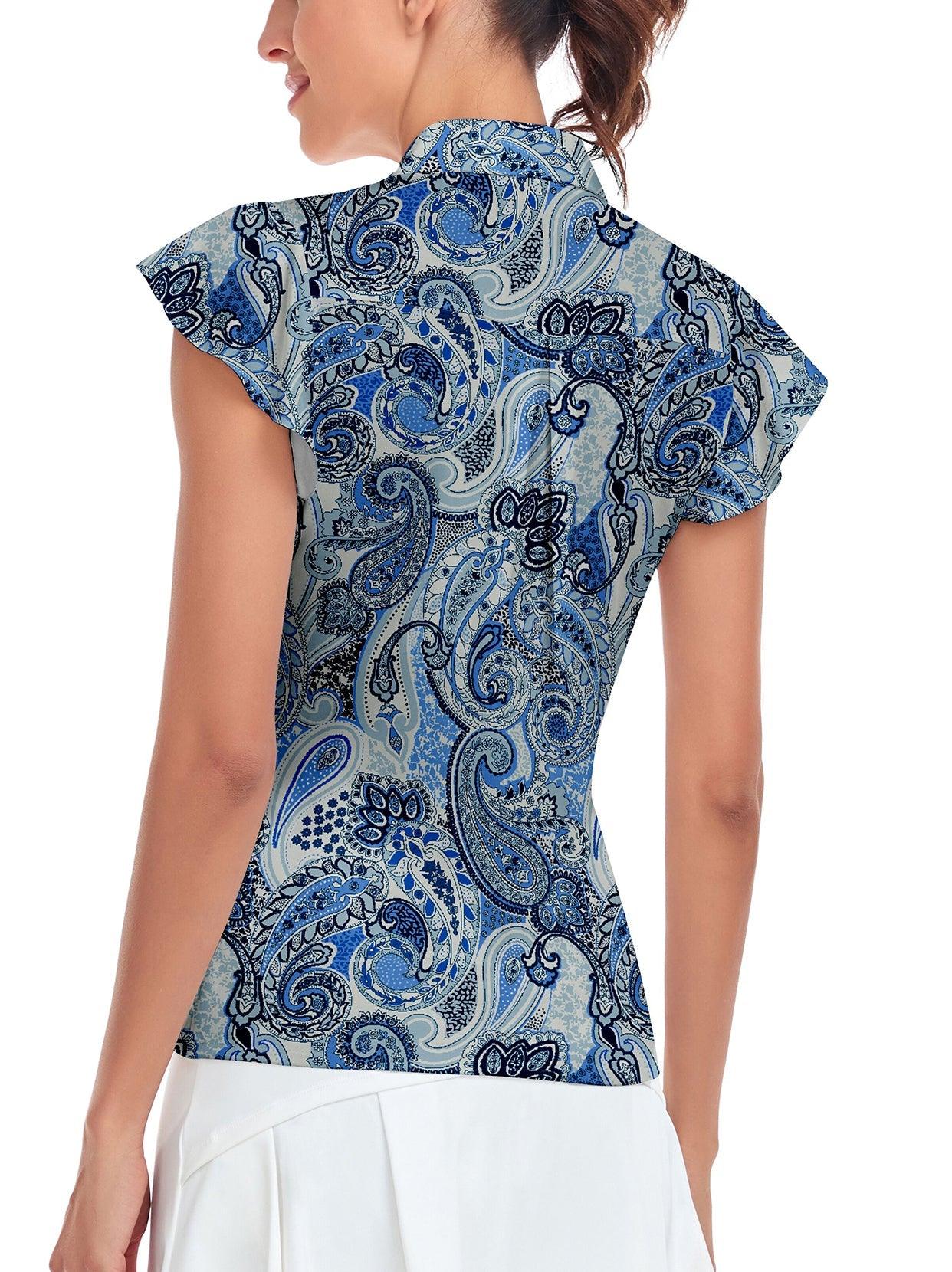 Blue Paisley Ruffle Sleeve Golf Polo Shirt For Women