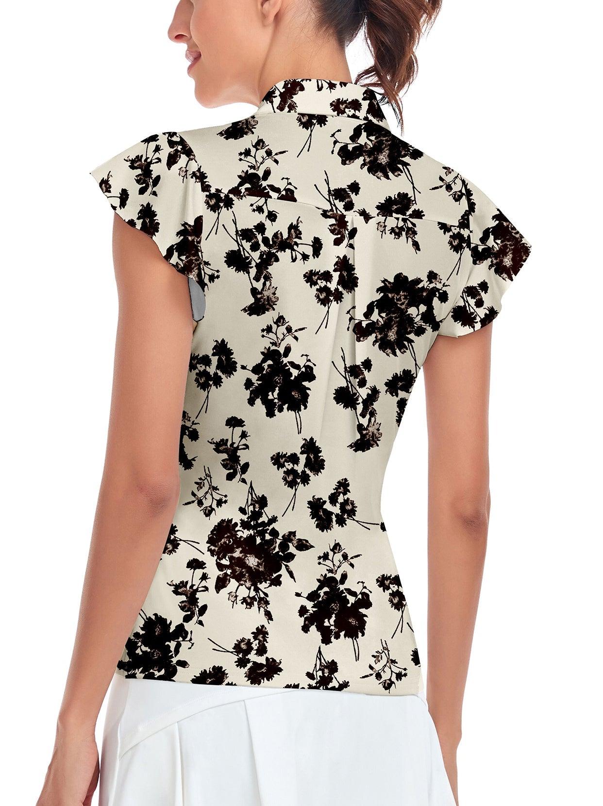 Black Flower Ruffle Sleeve Golf Polo Shirt For Women | Soneven
