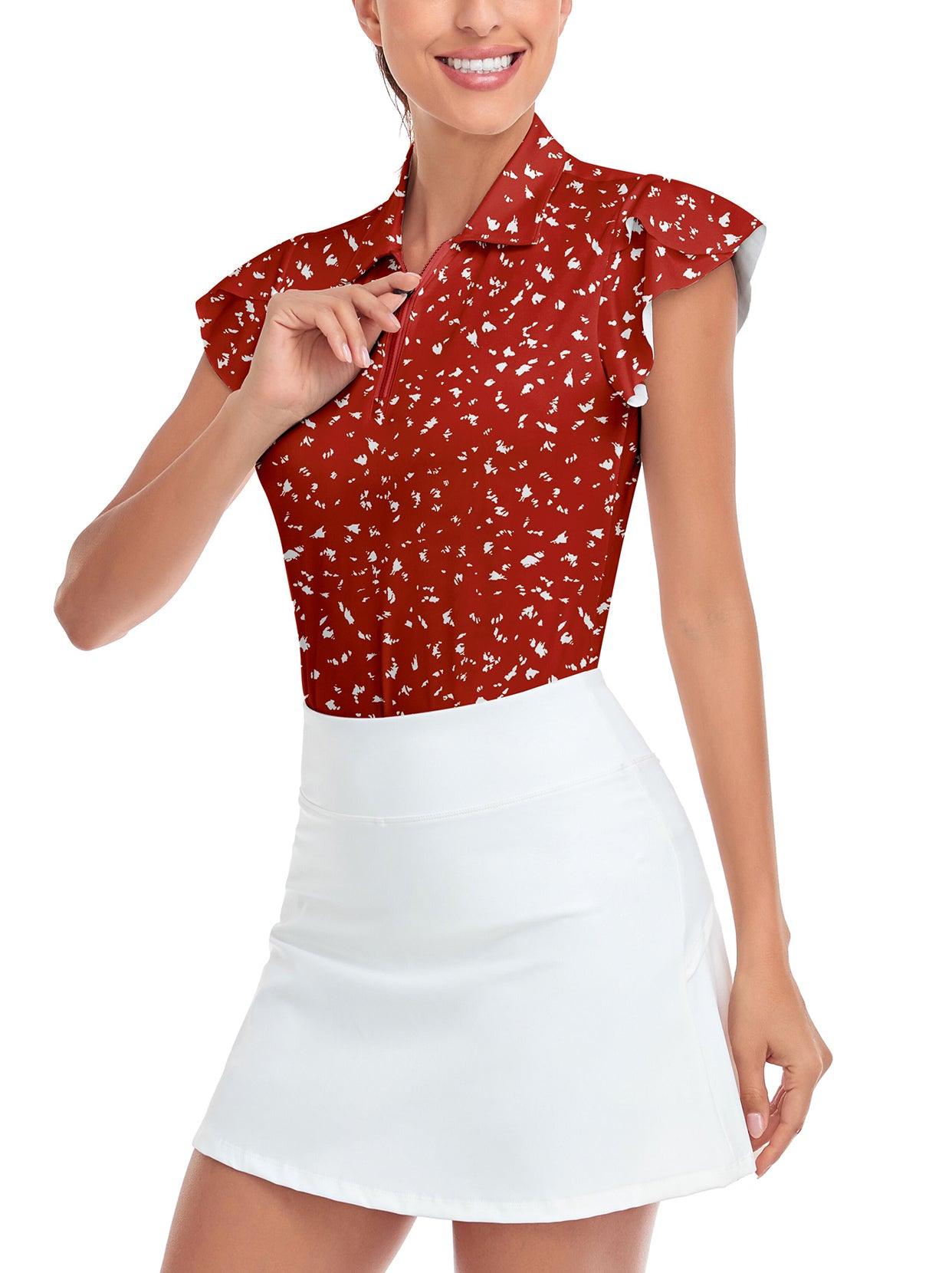 Red Petal Sleeve Golf Shirts Short-sleeve Golf Polo for Ladies