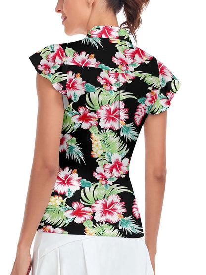 Floral Print Ruffle Sleeve Golf Shirt For Women