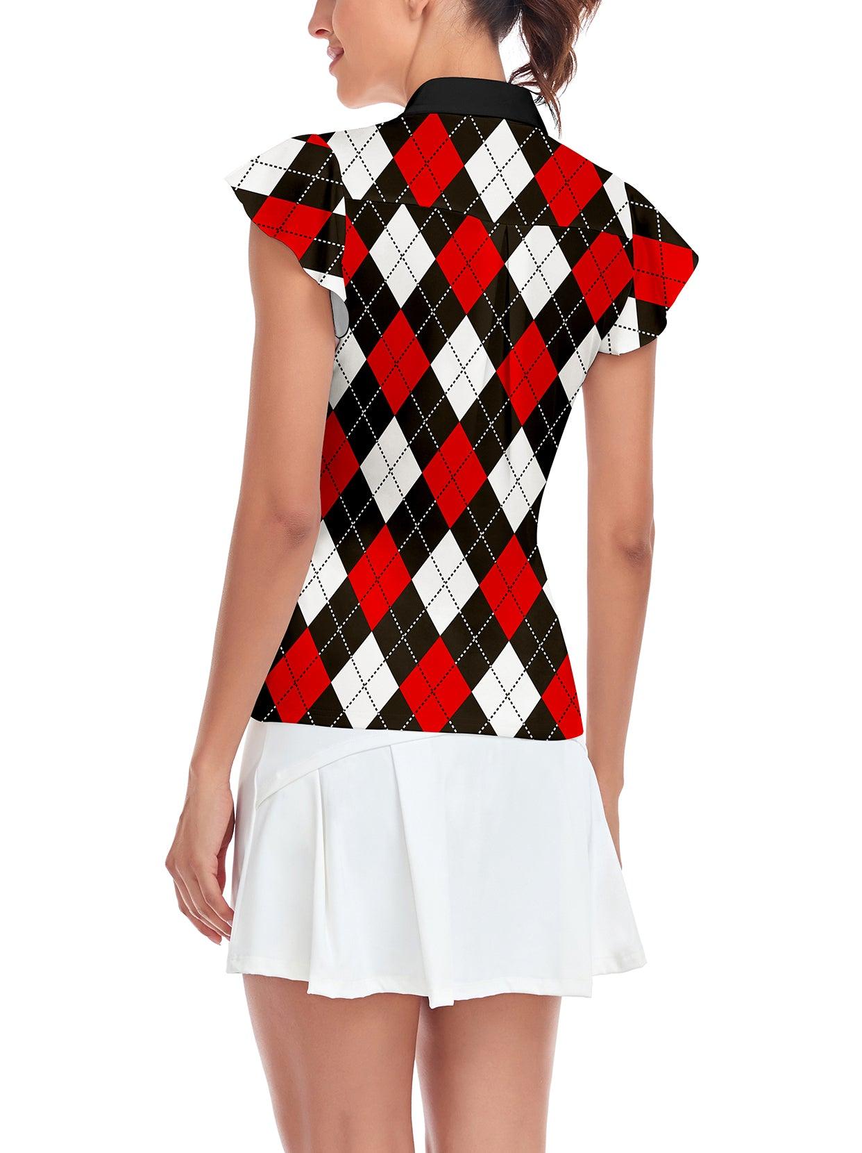 Red and Black Checkerboard Print Short-sleeve Golf Shirts for Women