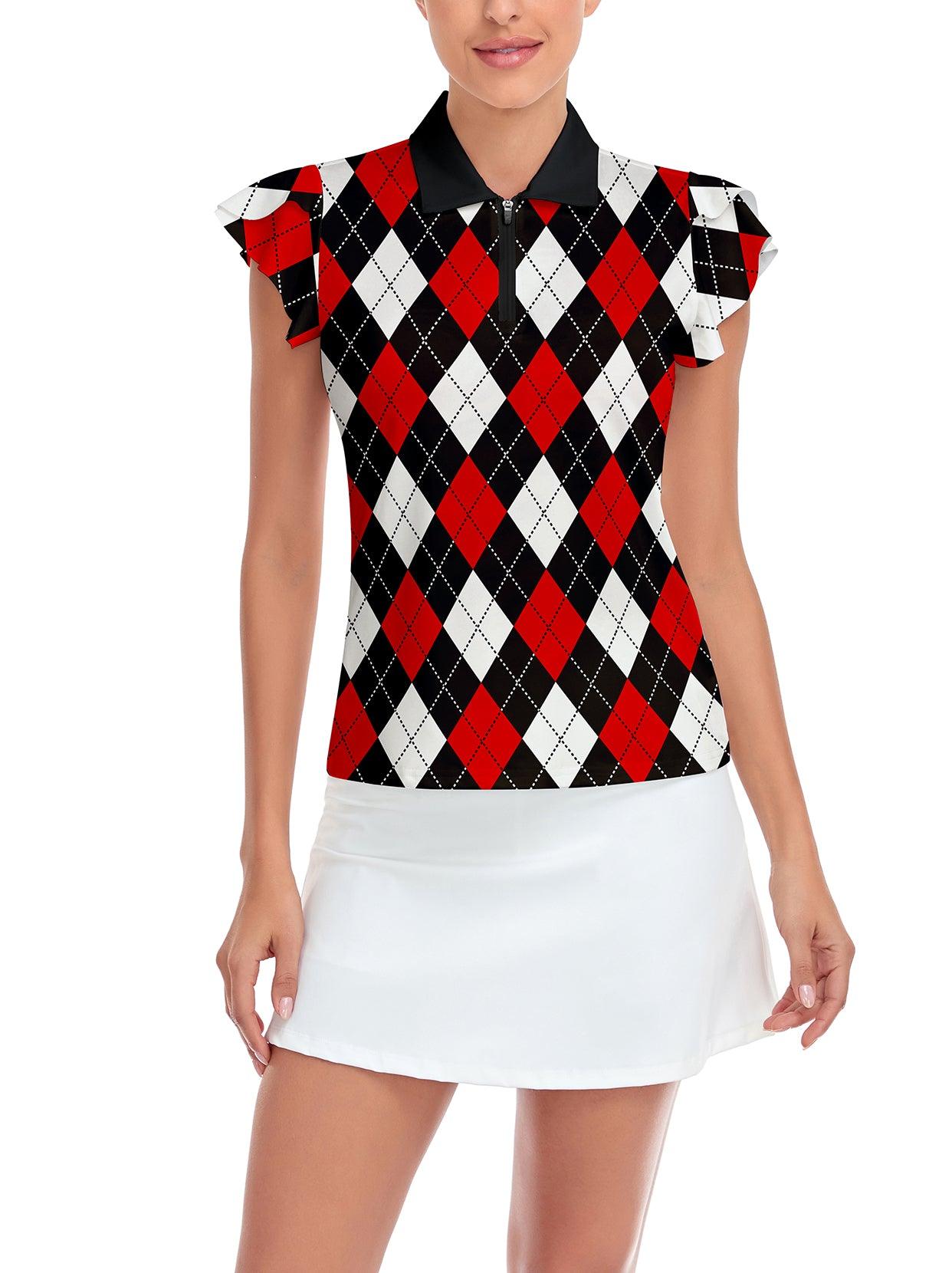 Red and Black Checkerboard Print Short-sleeve Golf Shirts for Women