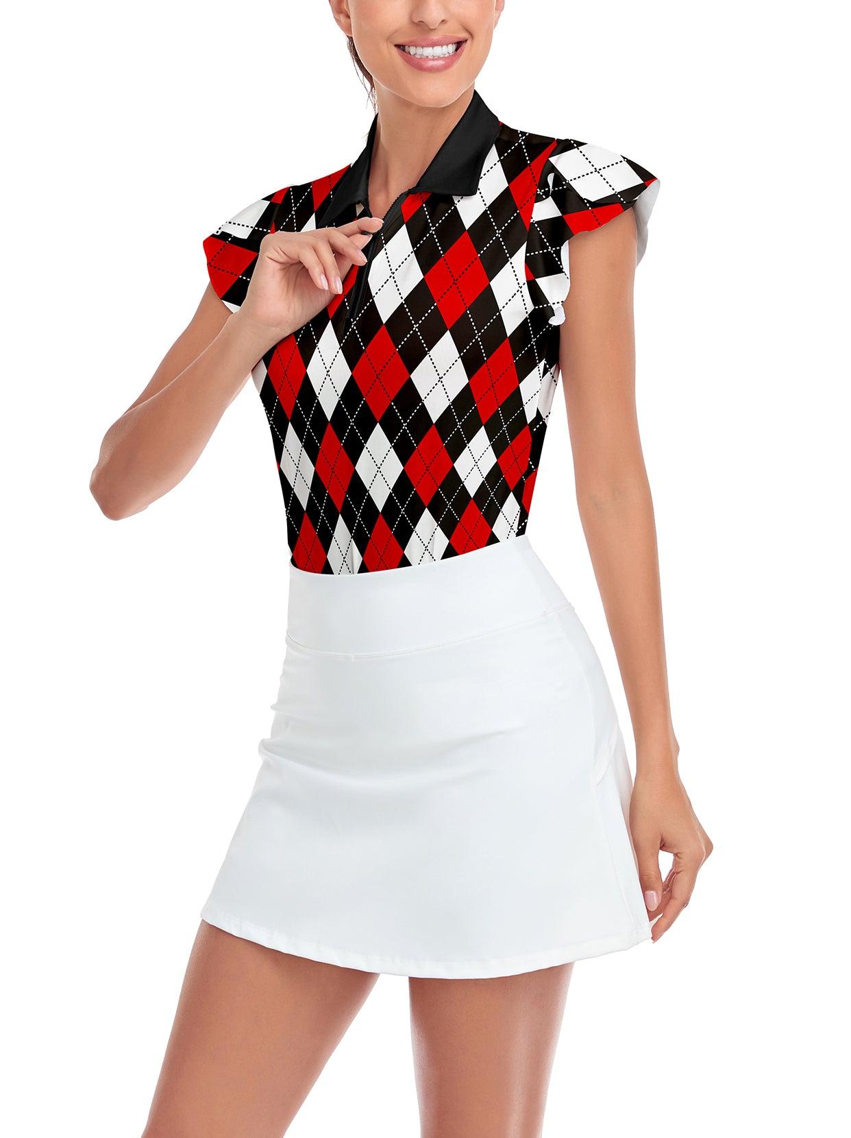 Red and Black Checkerboard Print Short-sleeve Golf Shirts for Women