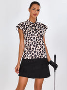 Leopard Print Quarter-zip Ruffled Short-sleeve Polo Shirt for Women