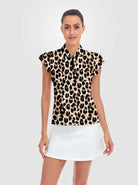 Leopard Print Quarter-zip Ruffled Short-sleeve Polo Shirt for Women 