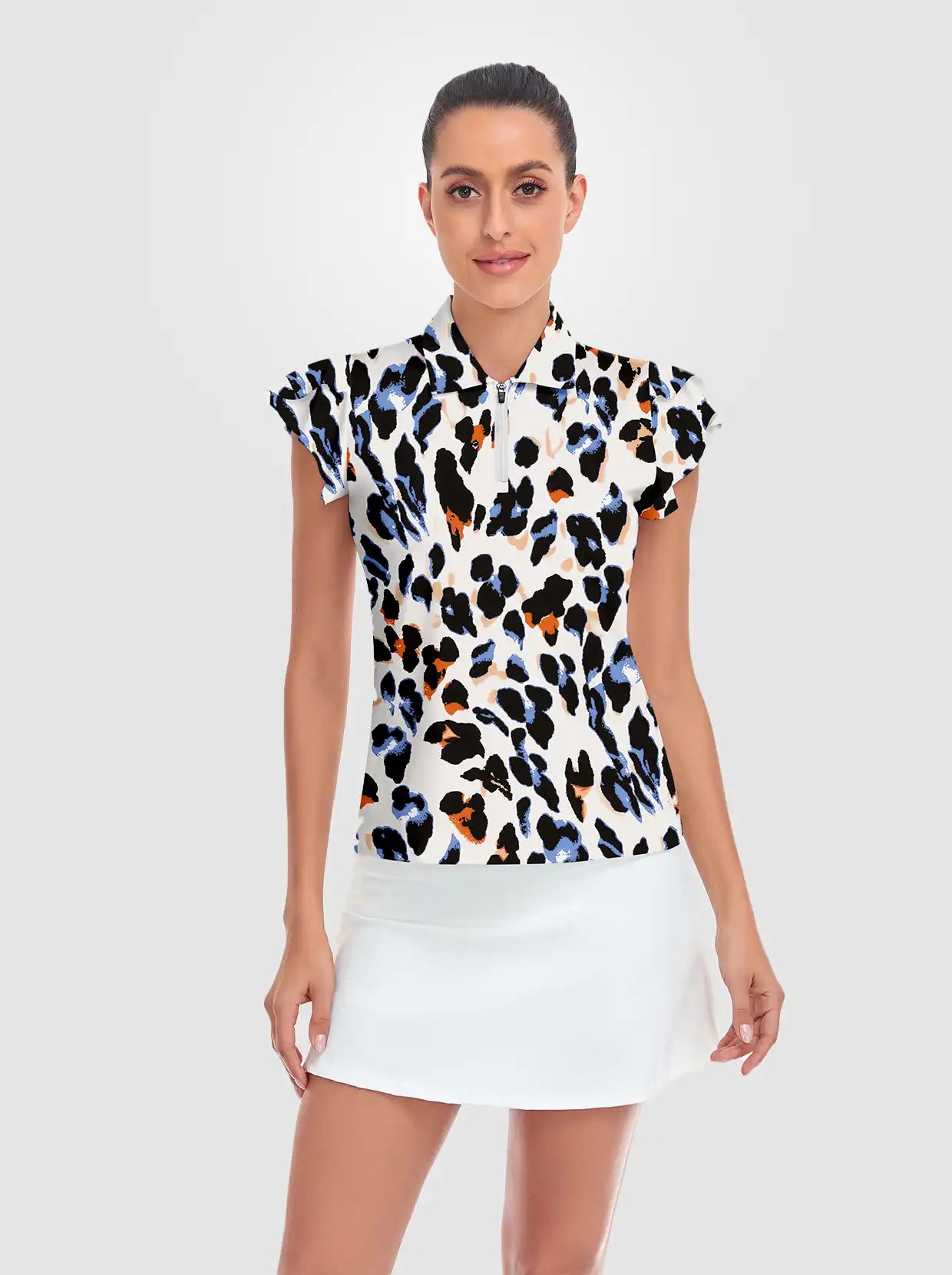 Blue Leopard Quarter-zip Ruffled Short-sleeve Polo Shirt for Women