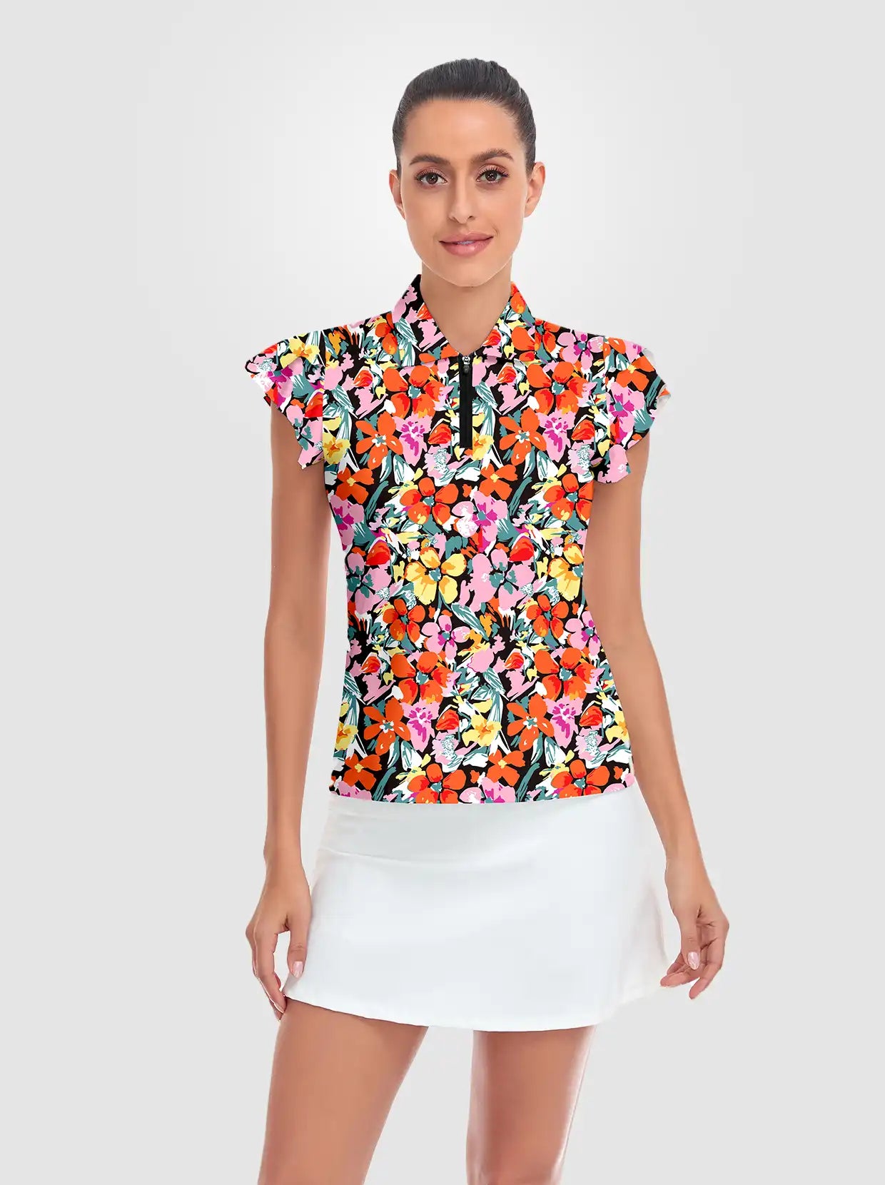 Colorful Floral Quarter-zip Ruffled Short-sleeve Polo Shirt for Women