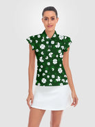 White Shamrock Quarter-zip Ruffled Short-sleeve Polo Shirt for Women