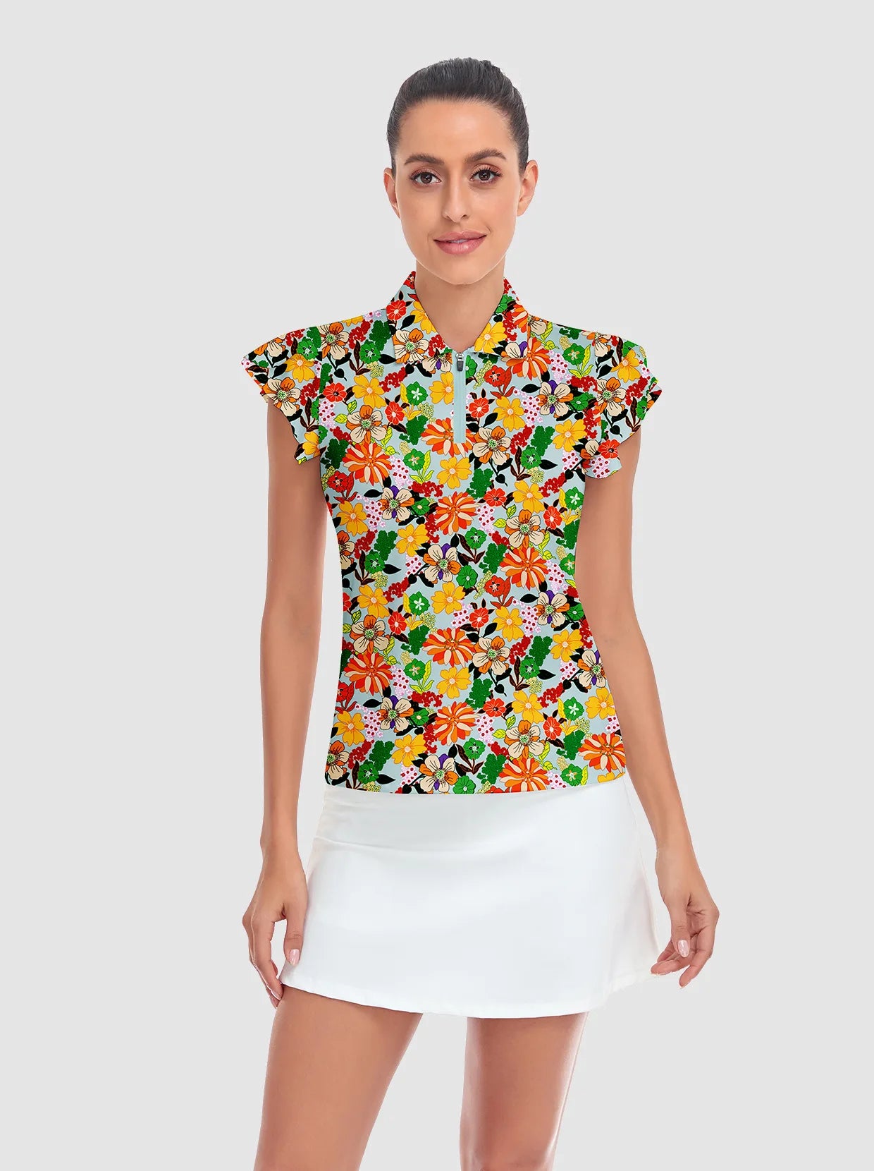 Colorful Floral Quarter-zip Ruffled Short-sleeve Polo Shirt
