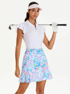 Solid Color Quarter-zip Ruffled Short-sleeve Polo Shirt for Women