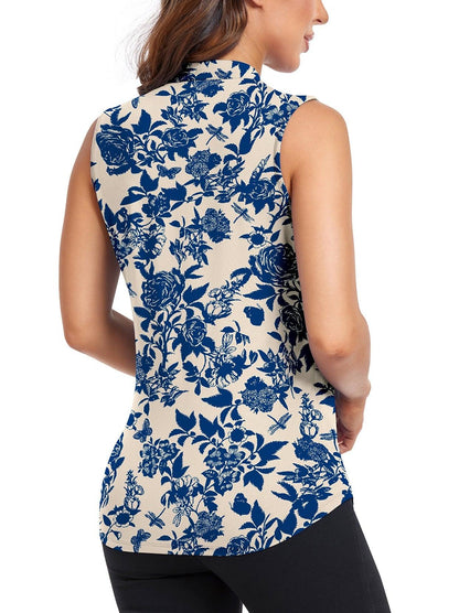 Soneven Ladies Golf Sleeveless Polo-💃🏼SO® Blue Floral V Collar Athletic Polo Shirts Moisture Wicking Tennis Shirts Dry Fit