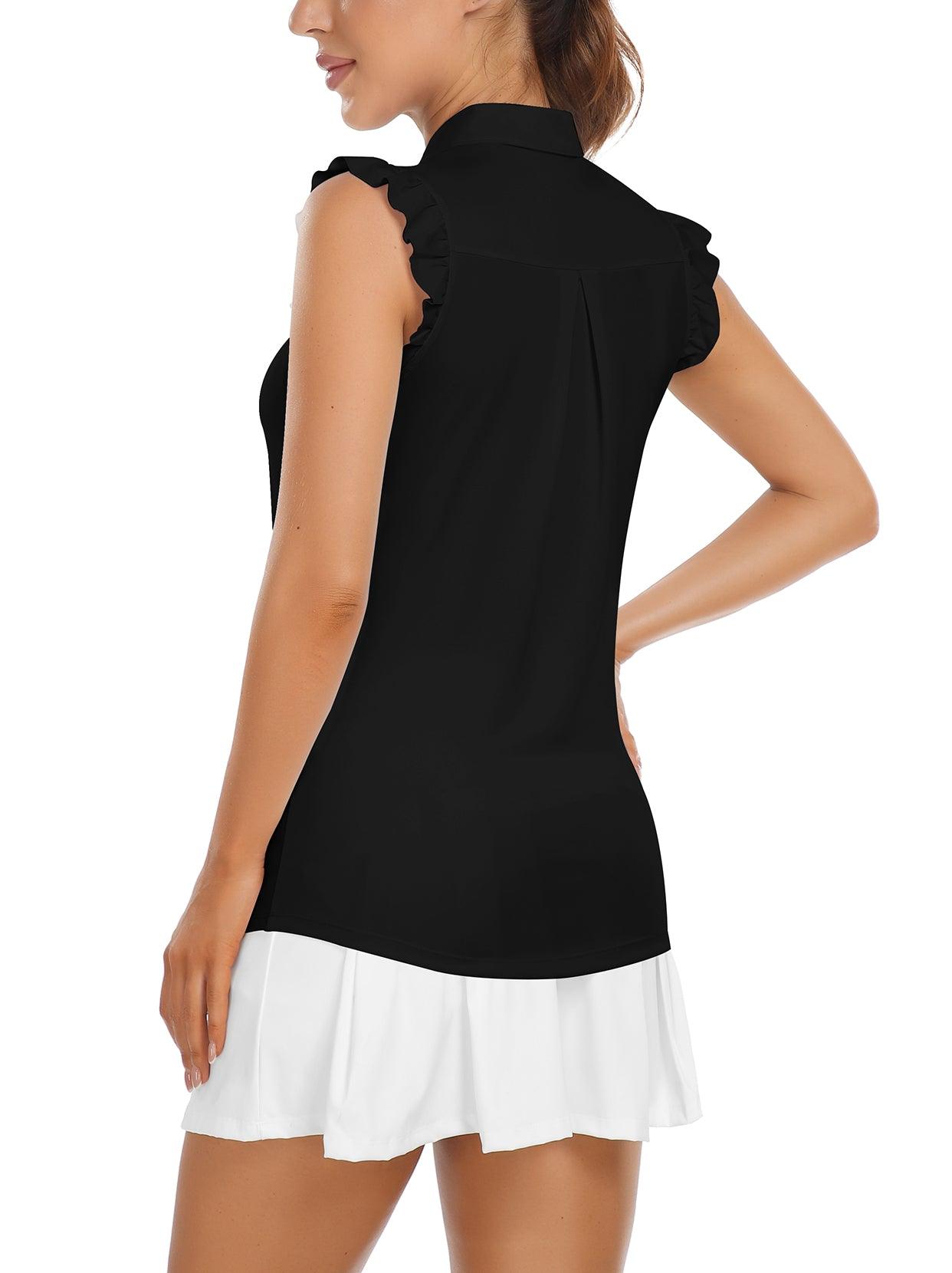 Solid Black Sleeveless Floral Athletic Polo Shirts For Women