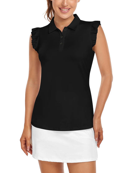 Solid Black Sleeveless Floral Athletic Polo Shirts For Women